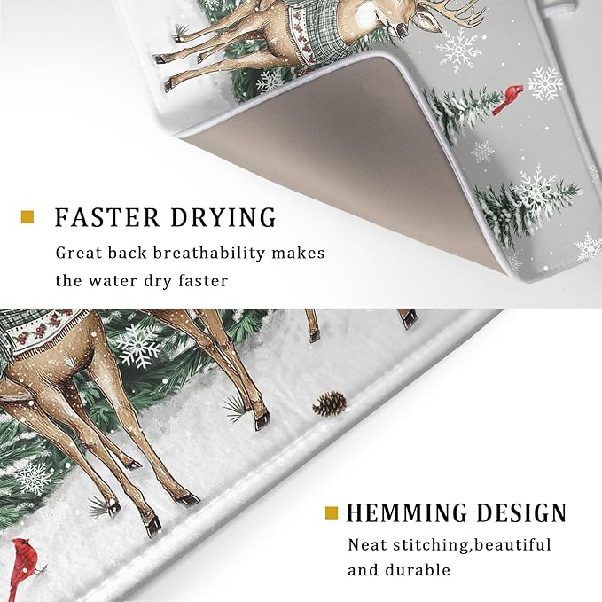 Winter Deer Dish Drying Mat Pine Tree Absorbent Dish Dry Pad Seasonal Microfiber Dish Drainer Mats for Kitchen Counter Coffee Bar 18x24 in