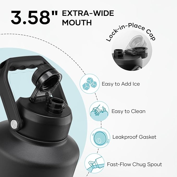 BUZIO 1.5 Gallon Water Bottle Insulated, (Cold for 48 Hrs) 196oz Large Water Jug Stainless Steel, 3.58in Big Wide Mouth Leak Proof BPA Free Flask with Carrying Sleeve for Camping,Gym,Travel, Black