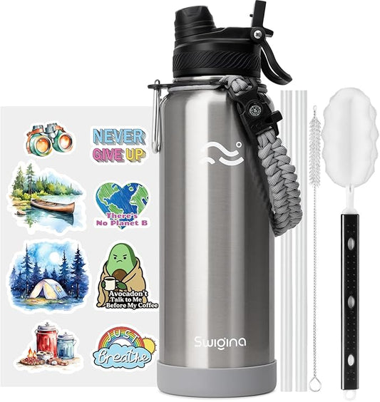 [2-IN-1 LID] Insulated Water Bottle with Silicone Boot (36hrs Cold/18hrs Hot) - DIY Stickers, Leakproof, BPA Free, 40 oz