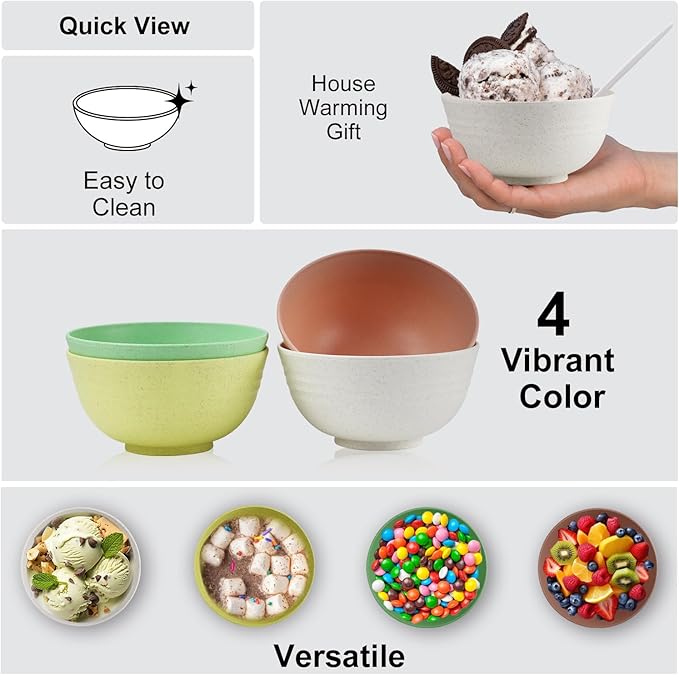 10oz Wheat Straw Bowls Set of 6, Unbreakable Ice Cream Bowl Sets for Kids, Snack Bowls Dishwasher and Microwave Safe
