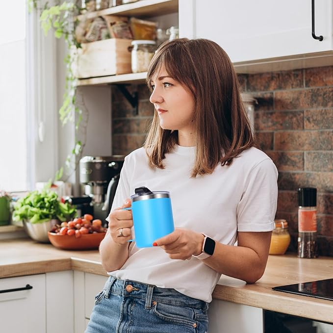 Volhoply 12oz Insulated Leakproof Coffee Mug with Flip & Straw Lid Bulk 8 Pack,Double Wall Vacuum Stainless Steel Travel Tumbler Cup with Handle,Reusable Camping Keep Cold/Hot(Blue,8 Set)