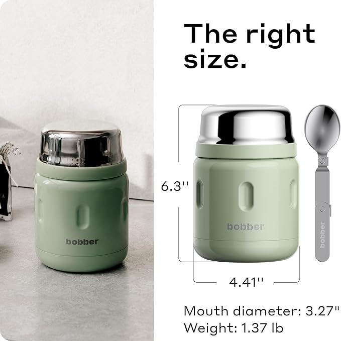 BOBBER 16 oz Insulated Stainless Steel Thermos for Hot Food, Extra-Wide Mouth Soup Container with Spoon and Bowl - Keeps Rice and Pasta Hot for 10 Hours and Salads Cold for 15 Hours (Green)