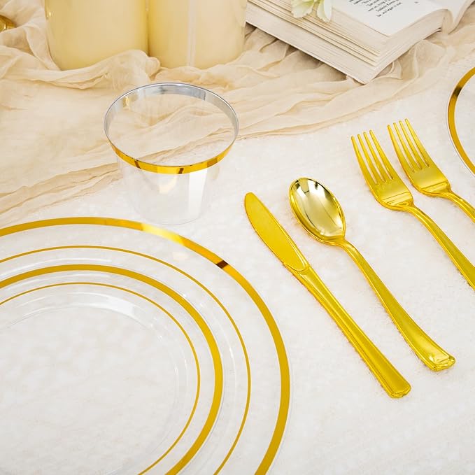 WELLIFE 450 PCS Clear Gold Disposable Dinnerware Set for 75 Guests, Clear and Gold Plastic Plates for Party, 75 Dinner & Salad Plates, Cups, Spoons Forks Knives for Wedding and Party Anniversary