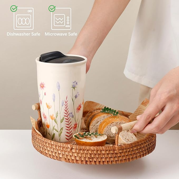ANTIS'S HOME Ceramic Travel Mug with Lid, Flower Pattern Beige Double Wall Coffee Mug Tumbler, Reusable Tall Cup, Splash Resistant Lid, Dishwasher Microwaveable Safe