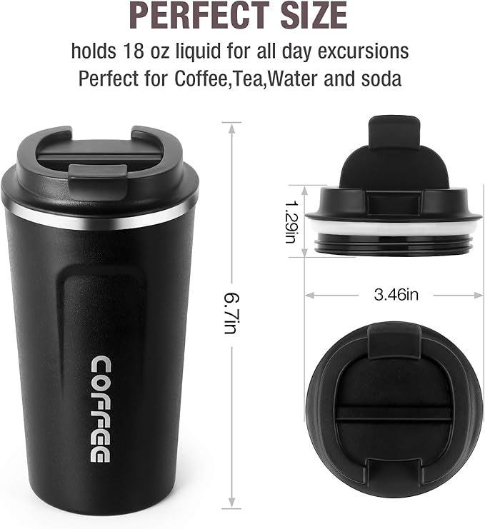 Smilatte 17oz (510ml) Vacuum Insulated Travel Mug, Leakproof Double Wall Stainless Steel Reusable Coffee Cup with Lid For Hot & Cold Drinks, Matte Texture Black