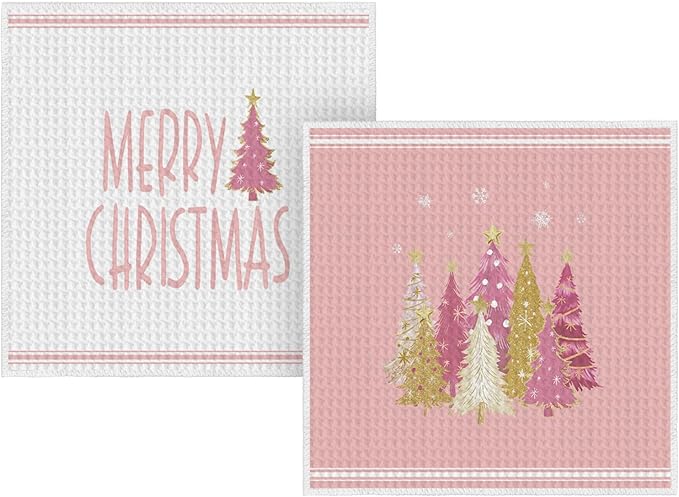 Artoid Mode Pink Star Xmas Tree Merry Christmas Kitchen Dish Cloths, 12x12 Inch Quick Dry Microfiber Dishcloths for Kitchen Dish Rags Set of 2