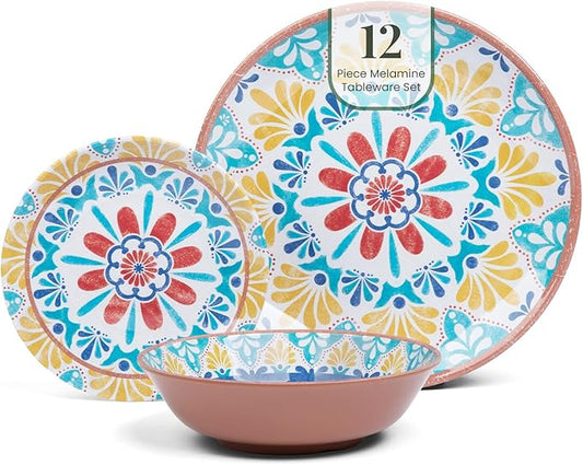 Larder & Vine 12-Piece Melamine Dinnerware Set: Durable, Lightweight, Break-Resistant Plates & Bowls – Stylish, Non-Toxic, Dishwasher Safe – Ideal for Everyday Use, Indoor & Outdoor Dining – Southwest