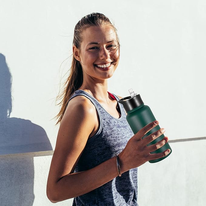 32 oz Insulated Water Bottle Bulk 4 Pack, Stainless Steel Sports Water Bottles with Straw Lid & Wide Mouth Lids, Double Walled Vacuum, Leak Proof, Dark Green