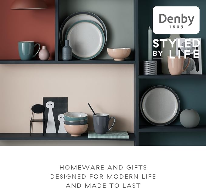 Denby - Elements Fossil Grey 3 Piece Set For 1 - One Person Ceramic Tableware - Dishwasher, Microwave Safe, Scratch Resistant Stoneware - Includes 1 x Large Plate, Side Plate & Cereal Bowl