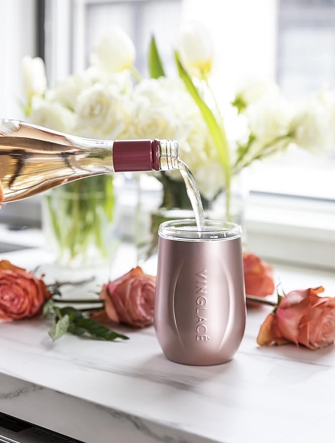 Vinglacé Stainless Steel Stemless Wine Glass- Insulated Wine Tumbler with Glass Insert and Sip Lid, 10 oz, Rose Gold
