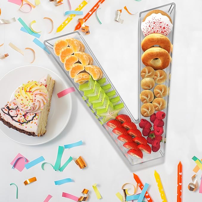 11" Acrylic Letter Charcuterie Box, Reusable Fillable Alphabet Number Shaped Form Tray for Birthday Anniversaries, Party Decorative Serving Plates Display Candy Cake (V)