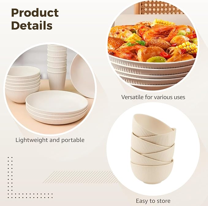 18 Pcs Wheat Straw Dinnerware Sets, Vertical Ribbed Dishware, Microwave Dishwasher Safe, BPA Free Unbreakable Dinner Plates, Bowls, Cups for Family Use