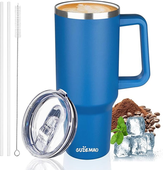 40 oz Insulated Coffee Mug with Ceramic Coating, Stainless Steel Travel Mug Tumbler with Handle Lid and Straw, Double Wall Leak-Proof Coffee Travel Mug Keeps Drink Hot and Cold (Blue)