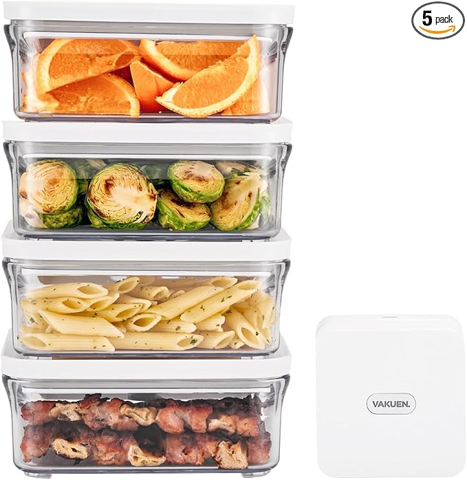 VAKUEN Premium Airtight Food Storage Container. Meal Prep 0.85qt 5pc/Set. 4pcs Container and Vacuum Sealer. Patented Double Silicone Lining, 100% Leak Proof, BPA-FREE