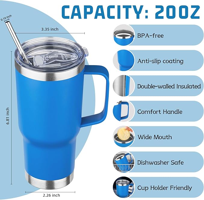 20 oz Tumbler with Handle Stainless Steel Insulated Coffee Mug Tumbler with Lid and Straw Double Wall Vacuum Insulated Coffee Mug Leak Proof Travel Mug Tumbler for Hot and Cold Drink (Sea Blue,4pack)