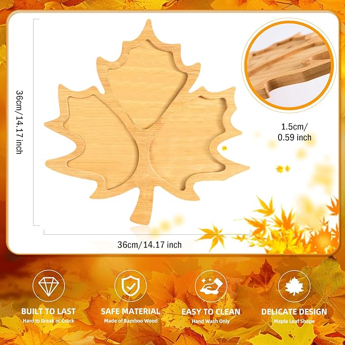 AWIZOM Maple Leaf Charcuterie Boards Thanksgiving Wooden Serving Platter Bamboo Serving Tray Sectional Fall Leaf Wood Dish Plate for Halloween Autumn Harvest Party Supplies,14.17x14.17x0.59 Inch