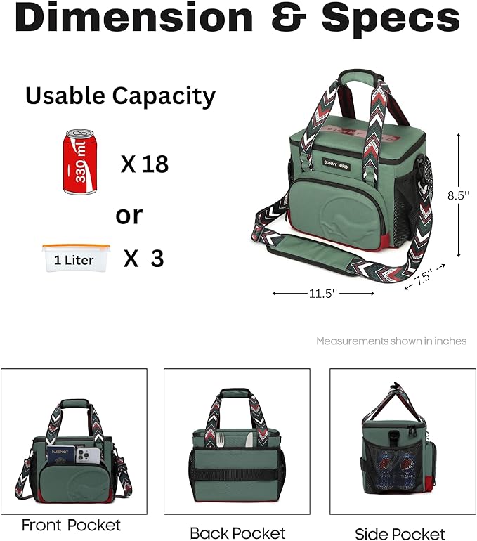 SUNNY BIRD 12L Large Insulated Lunch Bag, Foldable Lunch Cooler Box for Women Adult and Men, Fits 18 Cans (Green with Boho Strap)