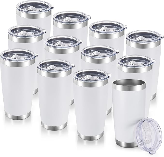 20 oz Tumblers Bulk Stainless Steel Tumbler with Lid Double Wall Vacuum Insulated Coffee Mug 20oz Powder Coated Cup for Hot and Cold Drinks, White, 12 pack