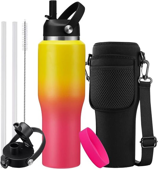 32OZ Insulated Water Bottle with Straw - Stainless Steel Water Bottle w/Carrier Pouch with Strap & Boot, Wide-Mouth Vacuum Insulated Bottle Fit in Car Bike Cup Holder