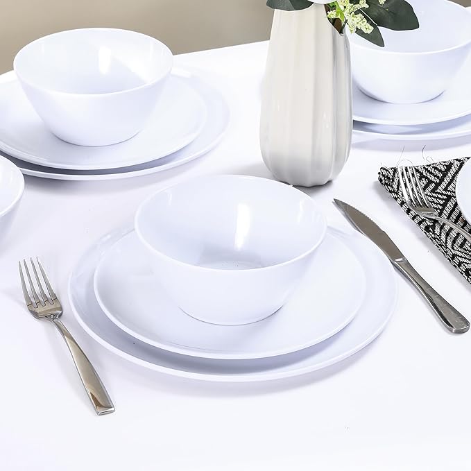 Melamine Dinnerware Sets,18-piece Melamine Plates and Bowls Set, Unbreakable Dishes Set for 6, Dishwasher Safe,Indoor and Outdoor Use,Lightweight,White