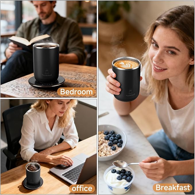 Temperature Control Self Stirring Coffee Mug with Lid, Automatic Heated Coffee Milk Cocoa Cup, Black 11 oz Smart Stainless Steel Mug Warmer with USB Type-C