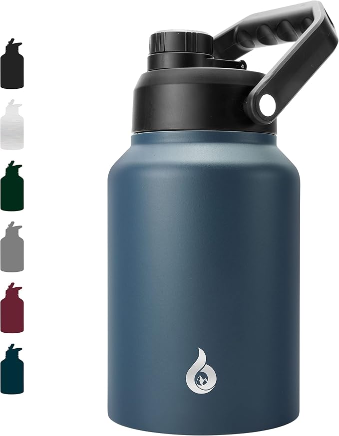 BJPKPK 64 oz Insulated Water Bottle, Dishwasher Safe Half Gallon Water Bottle with Ergonomic Handle, BPA Free Leak Proof Water Jug for Sports, Metal Thermo with Anti-slip Bottom, Navy Blue