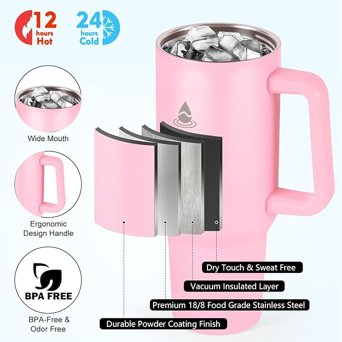 40 oz Tumbler with Handle and Straw or Convert to 40 oz Insulated Water Bottle Fits in Cup Holder. Stainless Steel Metal Water Flask with 2 Lids for Travel,Camping,Gym Sports Coffee Mug Thermal Cup