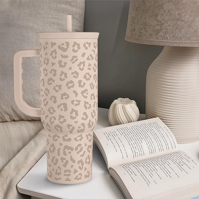 Leopard Tumbler with Handle, Insulated Cup Stainless Steel Travel Mug Cup, Gifts for Women Girl on Birthday Christmas, Tan Leopard, 40oz