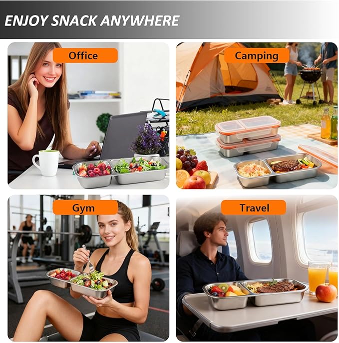 3 Pack Stainless Steel Snack Containers with Lids, Leakproof Lunch Box Containers, Reusable 2 Compartment Snackle Box, Grab and Go lunchable container for Travel