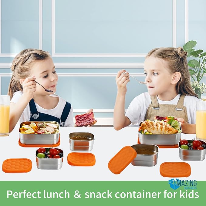 AMAZING CONTAINERS|Stainless Steel Food Containers with Lids Set of 3 (28 oz, 2X 8 oz) | Steel Lunch Container for Kids and Adults | Metal Snack Container Leakproof Lunch Box Sandwich Containers