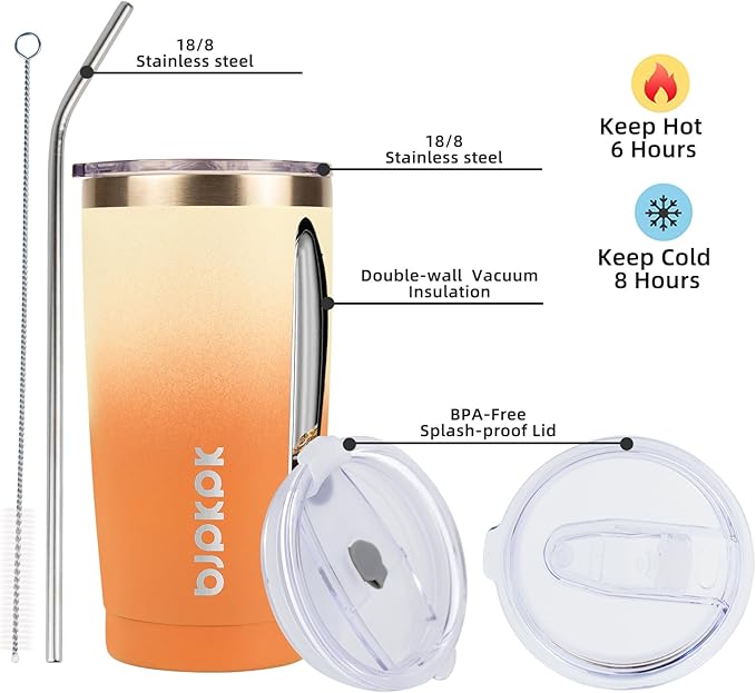 BJPKPK Tumbler with Lid and Straw, 20 oz Stainless Steel Vacuum Insulated Color Block Tumblers, Double Wall Ice Coffee Thermal Cup Travel Mug,Coral