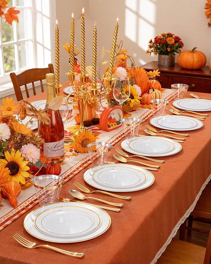 bUCLA 600Pcs White and Gold Plastic Plates - Gold Disposable Dinnerware Set for 100 Guests Include 100 Dinner & 100 Dessert Plates, 100 Cups, 100 Forks, 100 Spoons, 100 Knives for Thanksgiving