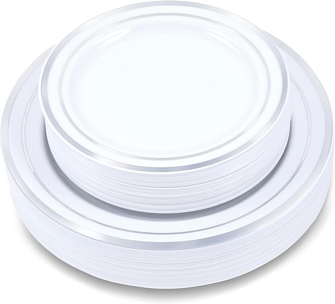60 Pieces White Plastic Disposable Plates - Premium Heavy-Duty 30 Dinner Plates & 30 Salad Plates with Silver Rim Ideal for Party, Birthday and Special Events