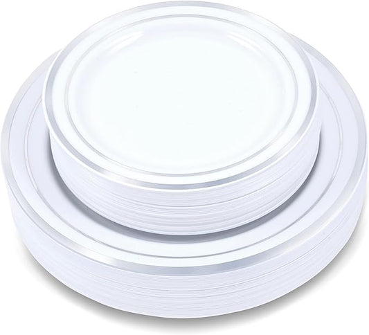 100-Piece Plastic Plates Set - Premium 50 Dinner & 50 Salad Plates, Disposable for Parties - White with Silver Rim