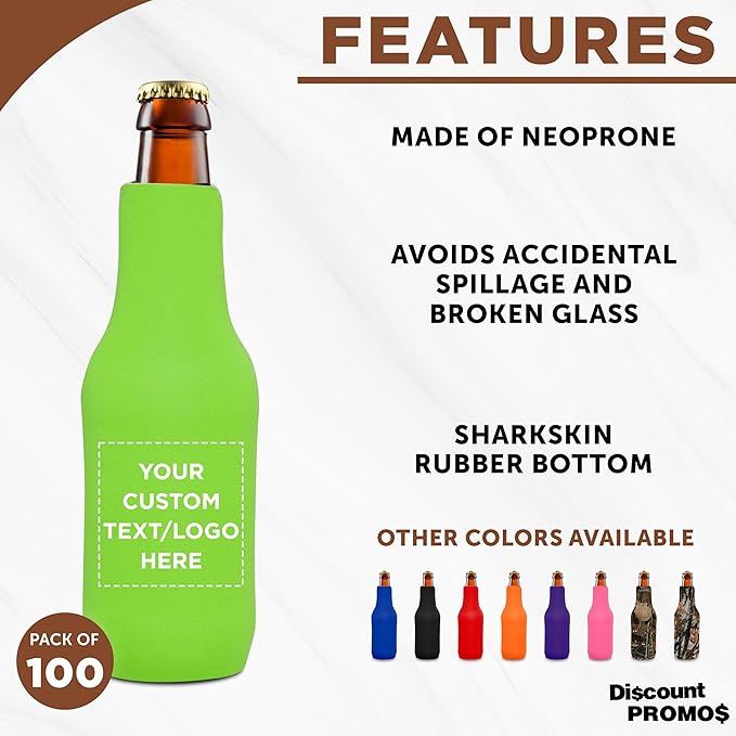 100 Neoprene Zippered Beer Bottle Coolies Pack - Customizable Text, Logo - Sharkskin Rubber Bottom - Lime Green