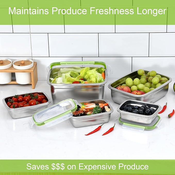 UPTRUST Stainless Steel Food Storage Containers | Leak Proof & Airtight Lids | Set of 5 Containers, Dishwasher & Freezer Safe, Green