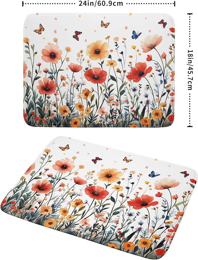 Poppy Flower Dish Drying Mat 18x24 Inch Floral Leaves Dish Drainer Protector Pad Washable Reversible Drying Pad for Kitchen Counter Sink