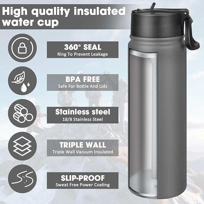 24 oz Insulated Water Bottle with Straw, Stainless Steel Double Wall Vacuum Thermos with Straw Lid Leak Proof, Wide Mouth Lid, Keep Cold and Hot