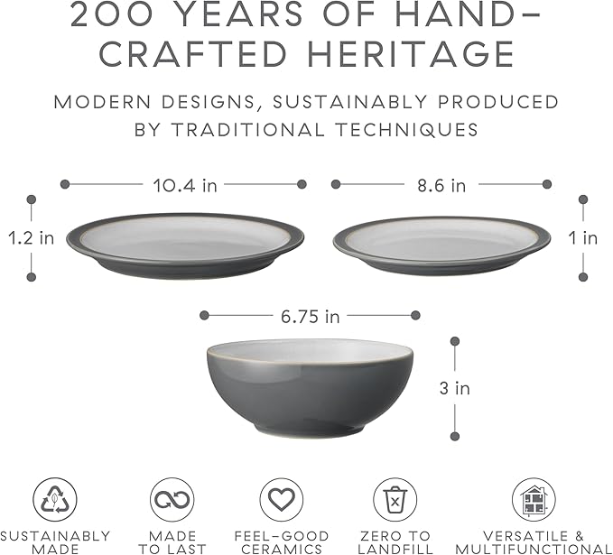 Denby - Elements Fossil Grey 3 Piece Set For 1 - One Person Ceramic Tableware - Dishwasher, Microwave Safe, Scratch Resistant Stoneware - Includes 1 x Large Plate, Side Plate & Cereal Bowl