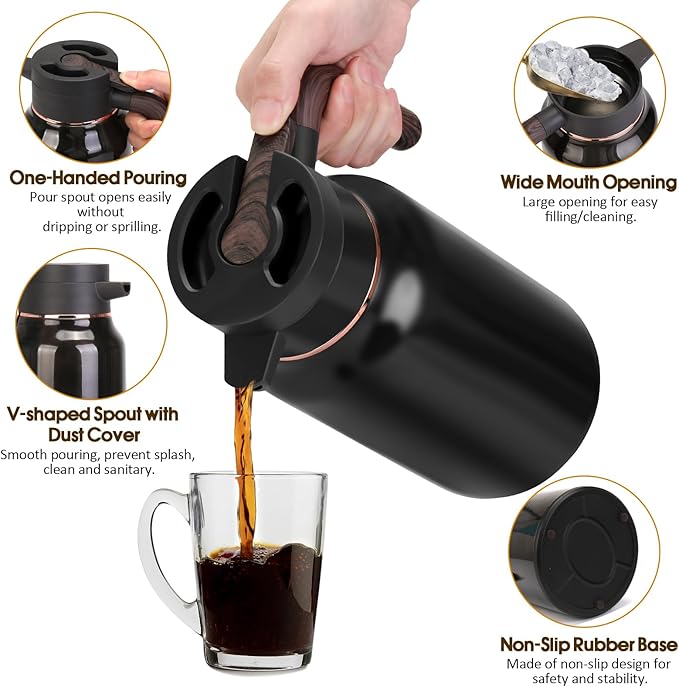 68oz Thermal Coffee Carafe, Stainless Steel Carafes for Hot Liquids 24 Hours, Insulated Coffee Carafes For Keeping Hot Coffee, Hot Water, Tea, Hot Beverage (2 Pack Black)