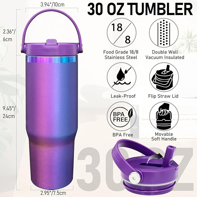 30 oz Tumbler with Handle and Straw, Vacuum Insulated Tumblers with Flip Straw and Top Handle, Leakproof Powder Coated Tumbler, Stainless Steel Travel Mug for Coffee Water (BluePurple, 1 Pack)