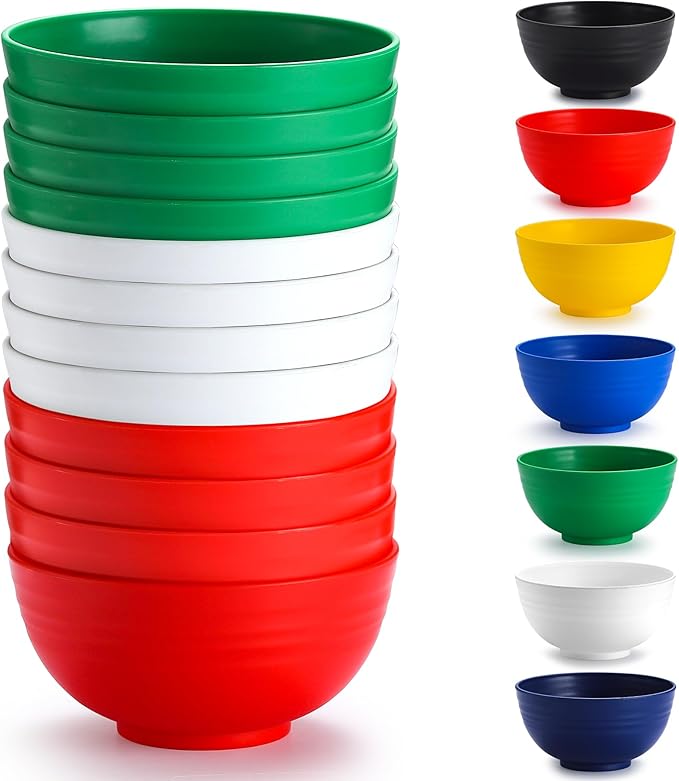 Berglander Plastic Bowls Set of 12 Pieces 25oz, IT Color Reusable and Sturdy Ramen Bowl, Soup Bowls, Cereal Bowl for Adult, Kids, Home, Restaurant, Garden, Picnic, Camping, Poolside, Outdoor
