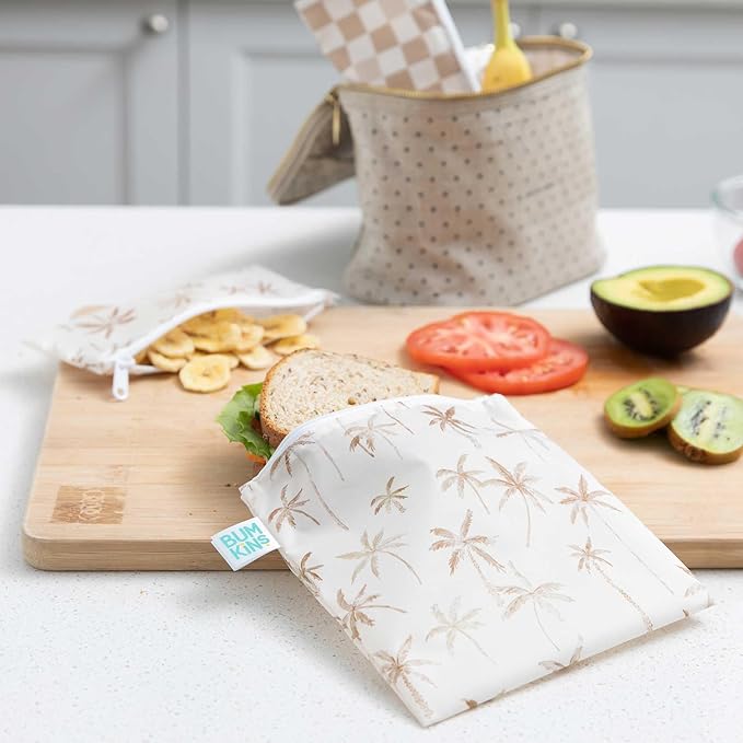 Bumkins Reusable Sandwich and Snack Bags, for Kids School Lunch and for Adults Portion, Washable Fabric, Waterproof Cloth Zip Bag, Travel Pouch, Food-Safe, Large 2-pk Palm Trees, Check