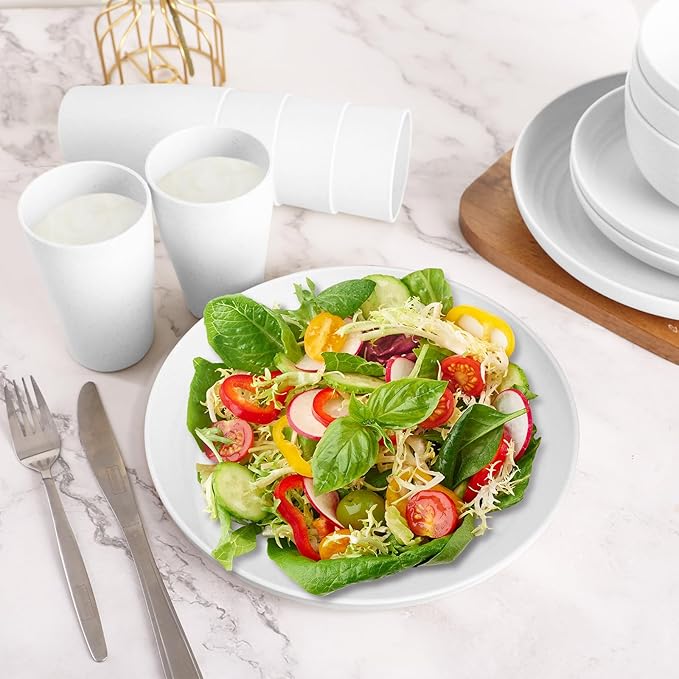 White Plate Set Dishes Set for 8 includes Dinner Plates,Pasta Bowls,Soup Bowls and Drinking Cups,Unbreakable White Dining Dishware Sets Microwave Dishwasher Safe For Kitchen Dorm Office Outdoor,32PCS