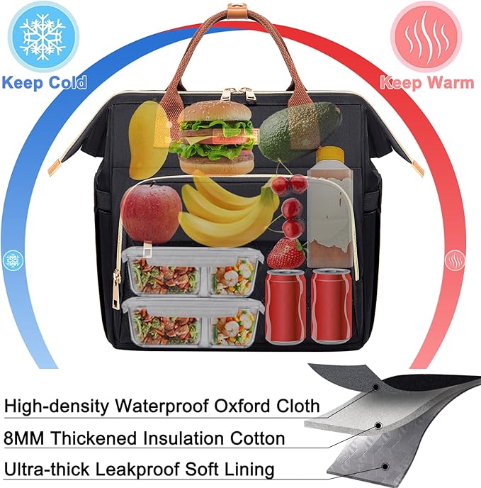 AIJIEKE Lunch Bag for Women, Large Lunch Box for Work Insulated Lunch Bag, Adult Leakproof Lunch Tote Cooler Bag with Side Pockets & Adjustable Strap, Lunch Purse for Picnic Beach, Black