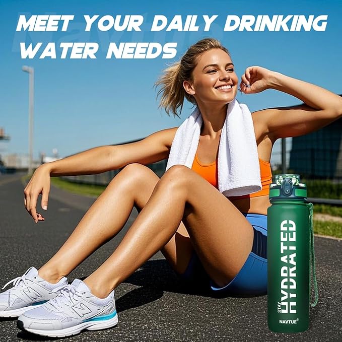 Water Bottle, 32 oz Sports Water Bottles with Time Marker Wide Mouth, Motivational and Leakproof Drink Bottle, BPA Free Tritan with Carry Strap for Gym Fitness Outdoor(Direct Drink 1 Bottle)