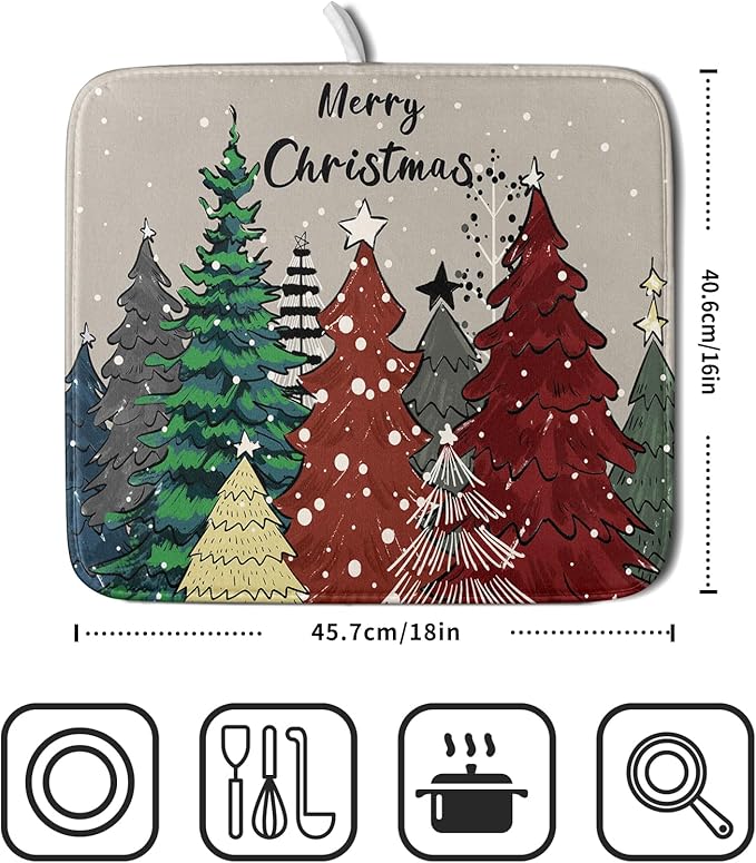 Christmas Trees Dish Drying Mat Winter Holiday Kitchen Dishes Pad 16x18 Inch Absorbent Reversible Fast Dry Draining Rack Pad for Countertop