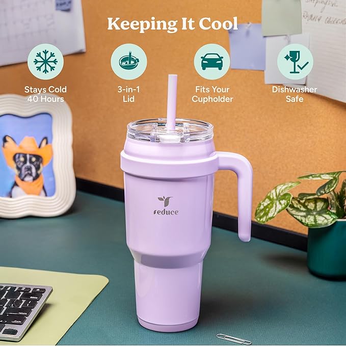 REDUCE 40 oz Stainless Steel Tumbler with Handle - Dual-Wall Vacuum Insulated Travel Mug, Sweat-Proof Lid & Reusable Straw - Keeps Drinks Cold for 24 Hrs, Fits Cupholders, Dishwasher Safe - Papaya