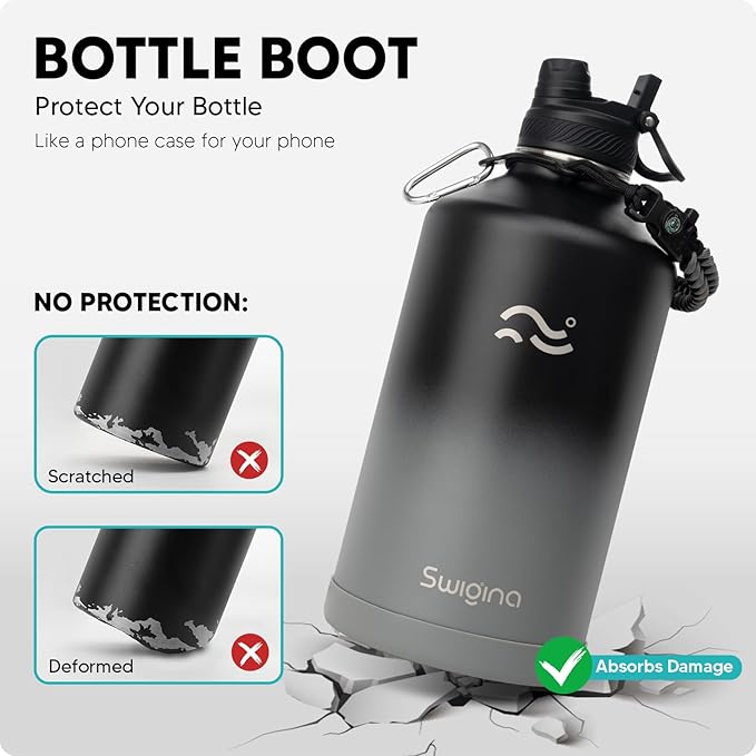 [2-IN-1 LID] Gallon Insulated Water Bottle with Silicone Boot (48hrs Cold/24hrs Hot) - DIY Stickers, Leakproof, BPA Free, 128 oz