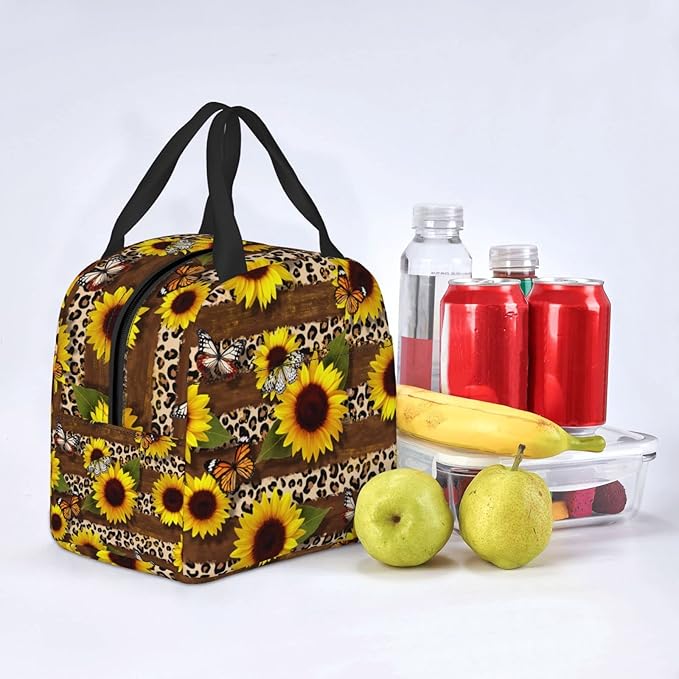 Butterflies Lunch Bag Leopard Print Sunflower Insulated Lunch Box for Women Men Reusable Lunch Tote for Office Work Picnic Hiking